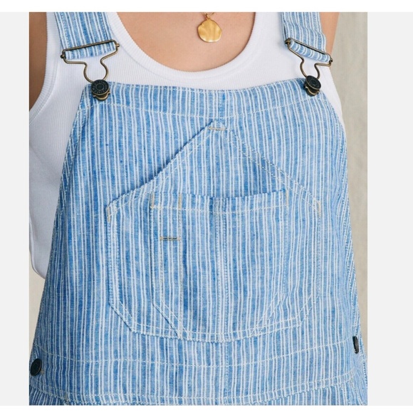 FAHERTY Linen Topsail Railroad Blue Stripe Mechanic Overalls Straight Leg Large - Picture 5 of 14
